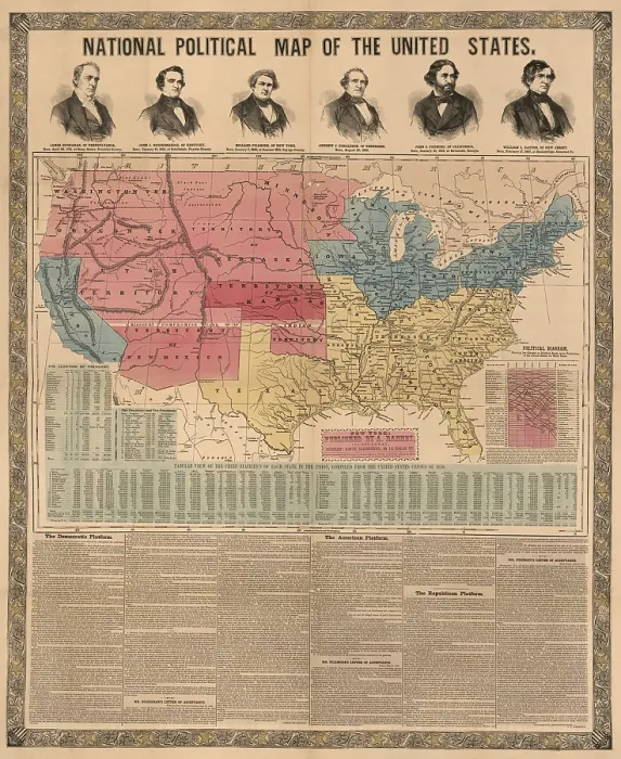 Framed Print : Election year map of the US with portraits of the Presidential and Vice-Presidential candidates, 1856 Framed Print : Election year map of the US with portraits of the Presidential and Vice-Presidential candidates, 1856