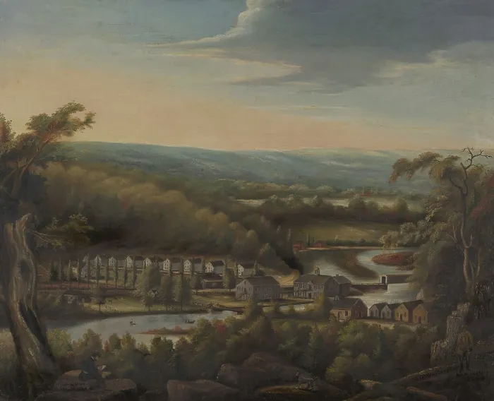 Framed Print : Eli Whitney Gun Factory and Whitneyville, 1827. Connecticut's Mill River flows through the site near New Haven