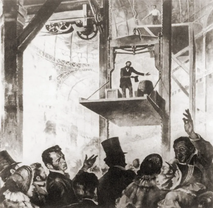 Framed Print : Elisha Graves Otis (1811-1861), demonstrating his patent safety lift at the 1854 New York World's Fair Framed Print : Elisha Graves Otis (1811-1861), demonstrating his patent safety lift at the 1854 New York World's Fair