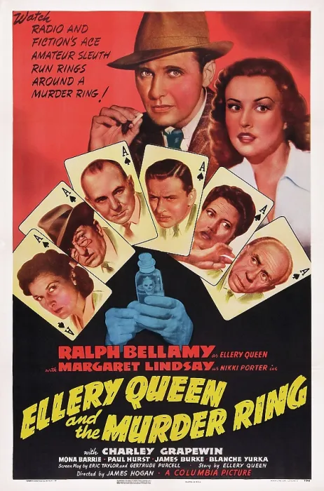 Framed Print : ELLERY QUEEN AND THE MURDER RING, US poster art, clockwise from lower left, Charlotte Wynters, Olin Howland, George Zucco, Leon Ames, Mona Barrie, Charley Grapewin