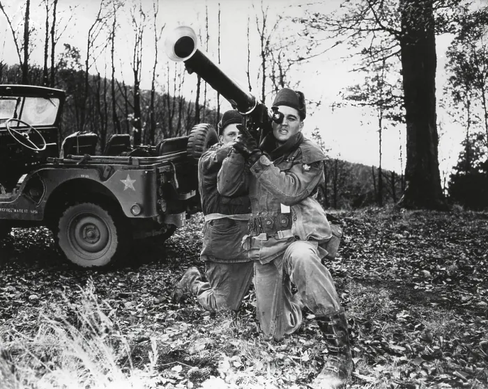 Framed Print : Elvis Presley training with a bazooka while on maneuvers in Germany