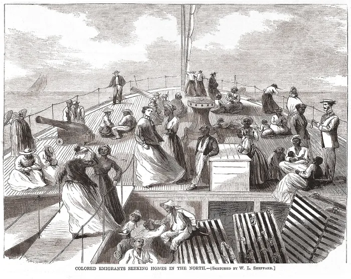 Framed Print : Emancipated African Americans on a ship to the Northern region of the US, where they will seek a better life away from the racist former Confederate states Framed Print : Emancipated African Americans on a ship to the Northern region of the US, where they will seek a better life away from the racist former Confederate states