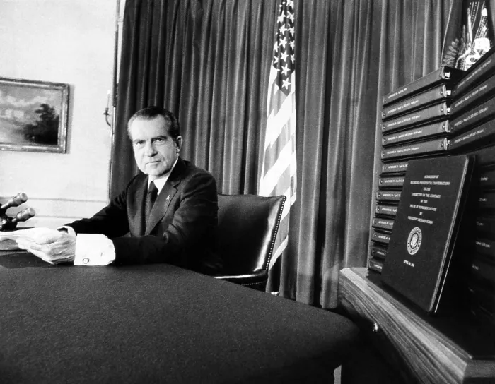 Framed Print : Embattled President Richard Nixon beside transcripts of his secret White House tape
