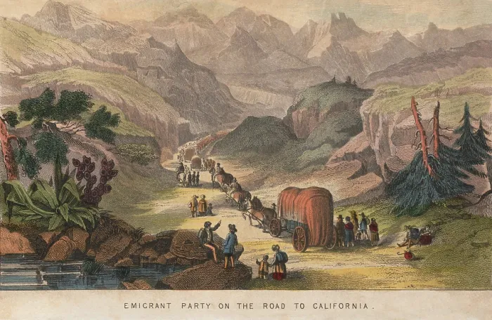 Framed Print : Emigrant party on the Road to California, ca. 1850. The 1846 Oregon Treaty and the 1848 the Mexican Cession opened the far western territories to US settlement
