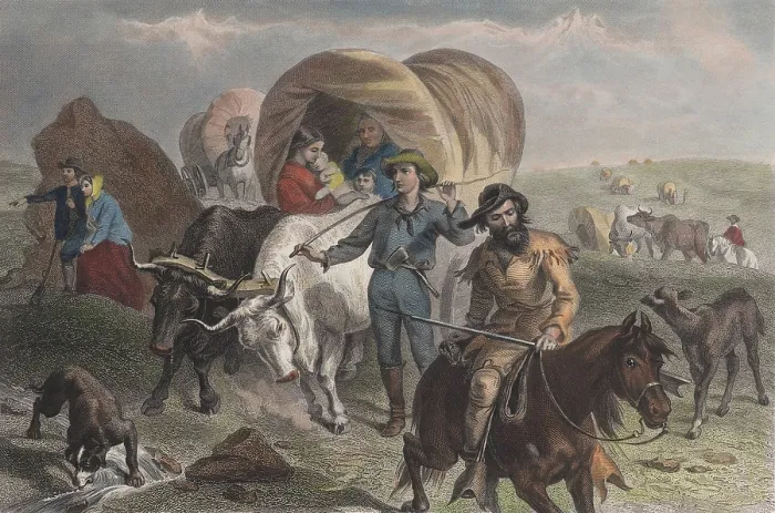 Framed Print : EMIGRANTS CROSSING THE PLAINS, 1869, by Felix Octavius Carr Darley. Pioneers covered wagons travel over rolling hills on the Great Plains (BSLOC_2019_9_193)