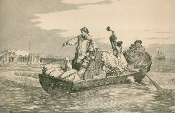 Framed Print : THE EMIGRANTS FAREWELL. A European family with their belongings in are rowed to the anchored sail ship as they start their journey to new land