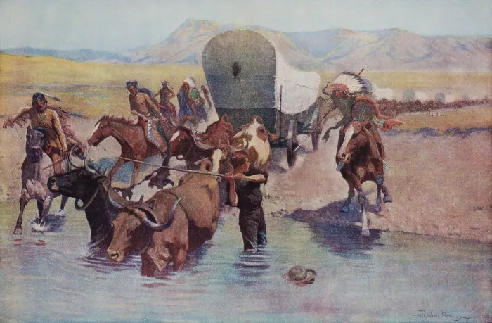 Framed Print : THE EMIGRANTS, by Frederick Remington, 1904. A band of Plains Indians harasses a wagon train as it fords a river
