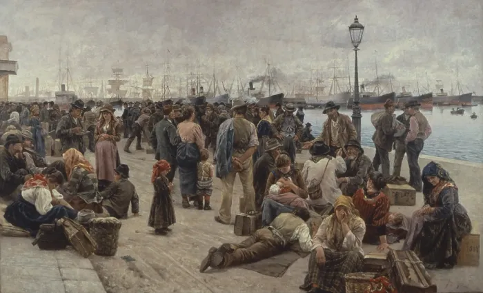 Framed Print : The Emigrants (Gli emigranti), by Angelo Tommasi, 1896, 19th Century, oil on canvas, 262 x 433 cm - Whole artwork view