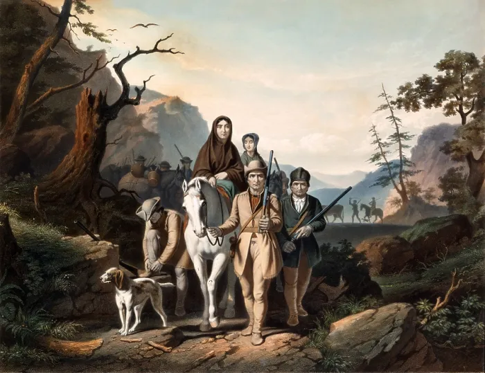 Framed Print : THE EMIGRATION OF DANIEL BOONE AND HIS FAMILY, ca. 1852, lithograph after a painting by George Caleb Bingham Framed Print : THE EMIGRATION OF DANIEL BOONE AND HIS FAMILY, ca. 1852, lithograph after a painting by George Caleb Bingham