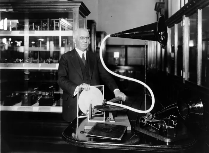 Framed Print : Emile Berliner with the model of the first phonograph machine which he invented c. 1920