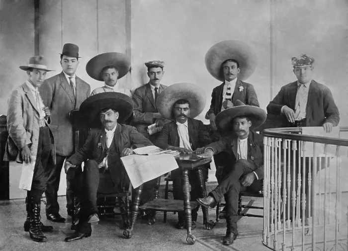 Framed Print : Emiliano Zapata, leader of peasant uprisings in Morelos during the Mexican Revolution with his staff. June 24, 1911, at Hotel Coliseo, Mexico City