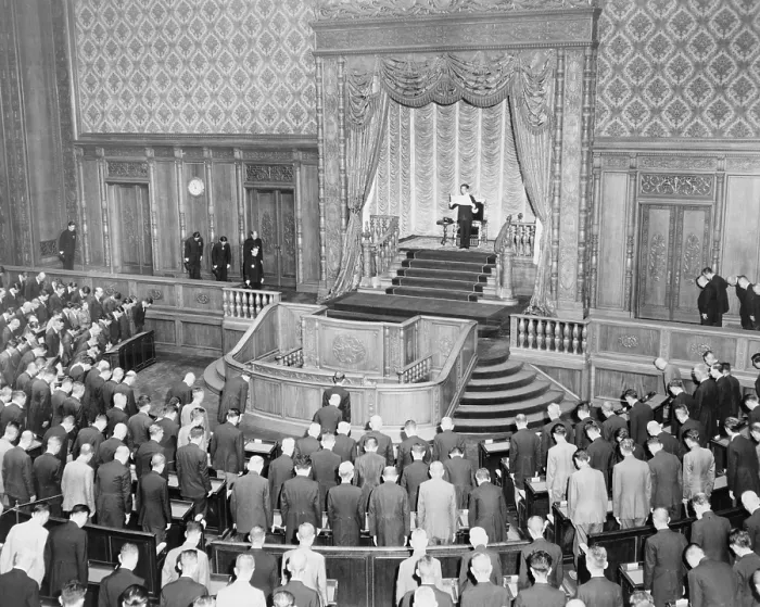Framed Print : Emperor Hirohito (1901-1989) standing opening the 90th session of the Japanese Diet in June 20, 1946