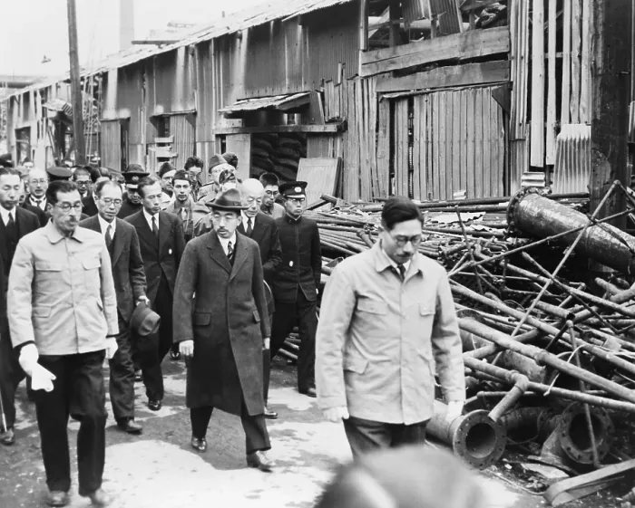 Framed Print : Emperor Hirohito, his royal party, and some American soldiers tour the bomb-wrecked Showa Electric Industry Co. 1946, Japan. - (BSLOC_2014_15_138)