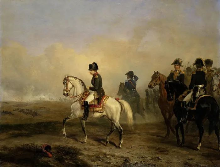 Framed Print : Emperor Napoleon I and his Staff on Horseback, Horace Vernet, c. 1815-50, French oil painting. In the distance is the smoke from a battle of the Napoleonic Wars (BSLOC_2016_2_213)