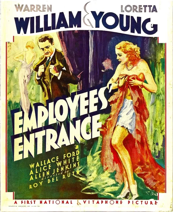 Framed Print : EMPLOYEES ENTRANCE, from left: Warren William, Loretta Young on window card, 1933