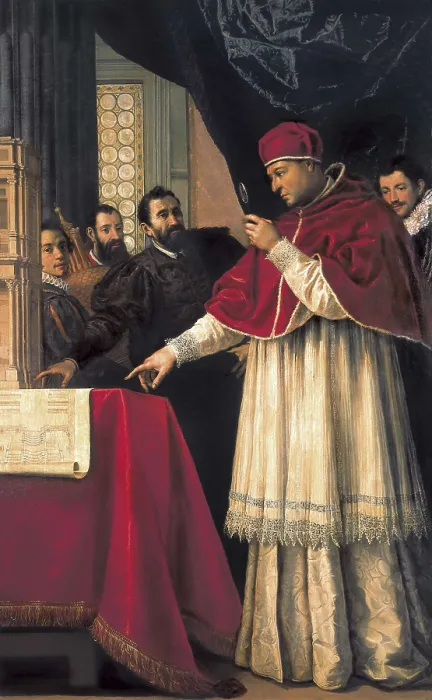 Framed Print : EMPOLI, Jacopo da (1551-1640). Michelangelo presents his model of San Lorenzo to Leo X. 1617-1619. ITALY. Florence. Buonaroti House. Mannerism art. Oil on canvas