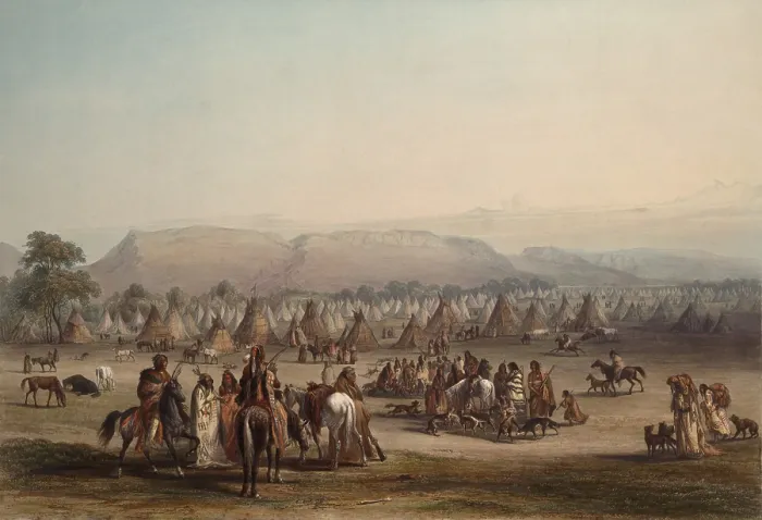 Framed Print : An encampment of three tribes of Blackfeet Indians, includes the Piekann Indians, on the Marias River, Montana, near Fort McKenzie