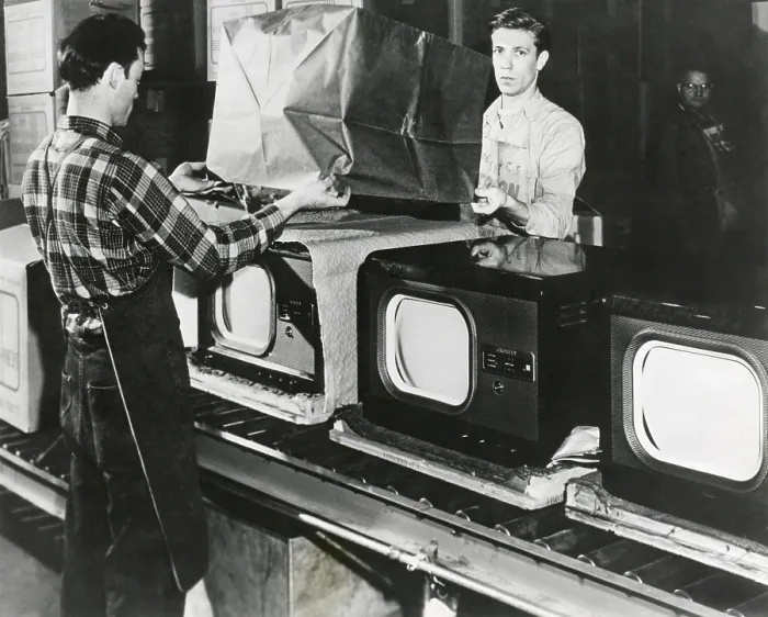 Framed Print : At the end of the assembly line, inspected televisions are packaged in an American factory. July 1949. - (BSLOC_2014_17_138)