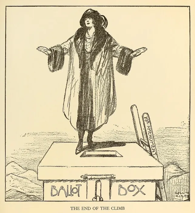 Framed Print : END OF THE CLIMB. Political cartoon celebrating women's suffrage. A woman stands on a giant ballot which she reached it by climbing a ladder labeled 19th Amendment
