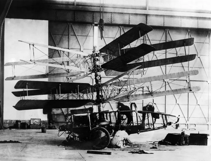 Framed Print : Engineer working on the Pescarra Helicopter. Developed by Argentine engineer Ral Pescara in the early 1920s, it had two contra-rotating screws, each having four blades