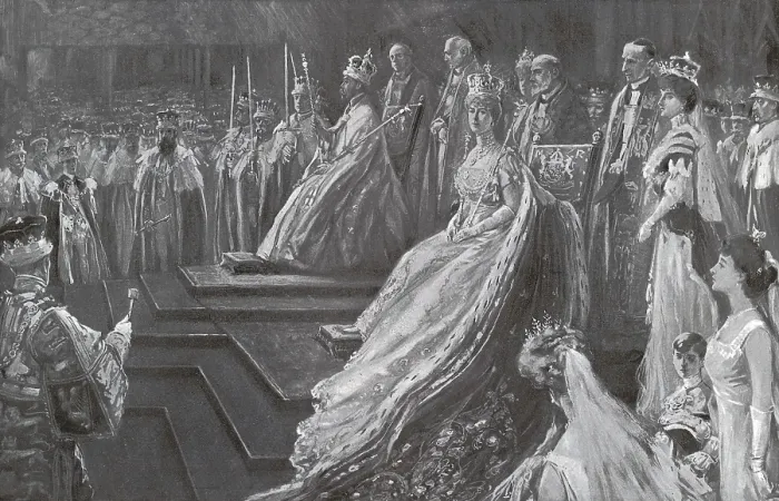 Framed Print : England. Coronation of George V. The Kings on their thrones after the ceremony of coronation. Illustration by D. MacPherson. 1911.. Engraving