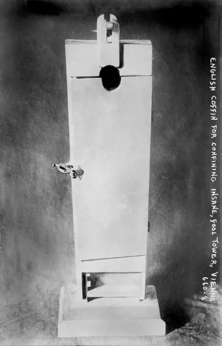 Framed Print : English coffin for confining the insane, from Fool's Tower (aka The Narrenturm), home for mental patients, Vienna, Austria, photograph circa 1900-1920s Framed Print : English coffin for confining the insane, from Fool's Tower (aka The Narrenturm), home for mental patients, Vienna, Austria, photograph circa 1900-1920s