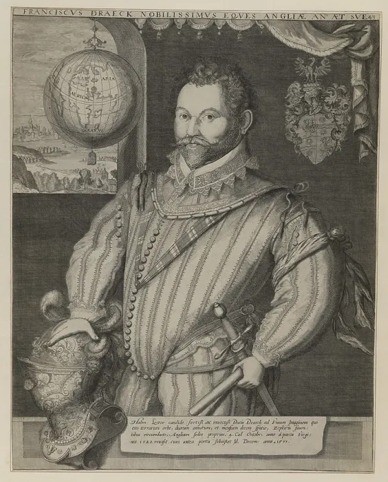 Framed Print : English privateer, Francis Drake, in an engraved portrait attributed to Jodocus Hondius, ca. 1583