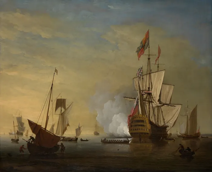 Framed Print : ENGLISH SHIP WITH SAILS LOOSENED FIRING A GUN, by Peter Monamy, 1725, British oil painting. Harbor scene dominated by a British warship at anchor and taking on sailors and stores Framed Print : ENGLISH SHIP WITH SAILS LOOSENED FIRING A GUN, by Peter Monamy, 1725, British oil painting. Harbor scene dominated by a British warship at anchor and taking on sailors and stores