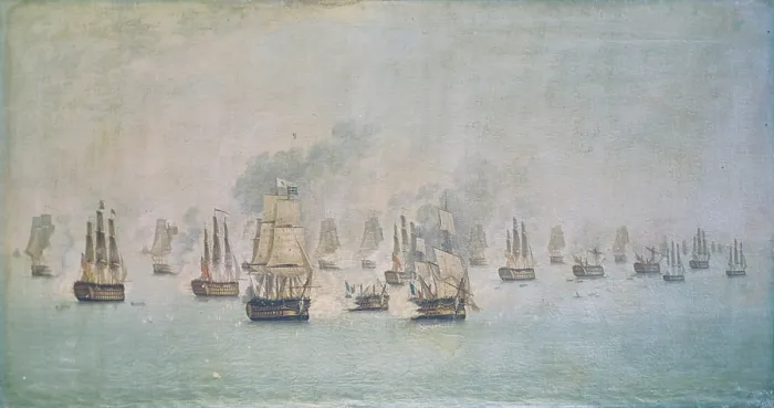 Framed Print : English ships in the Gulf of Naples fire blanks for the taking on throne of Francis II
