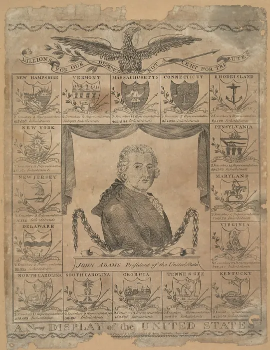Framed Print : Engraving by Amos Doolittle, with a portrait of President John Adams and the coat of arms of each of the sixteen states. 1799