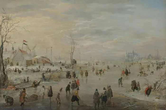 Framed Print : Enjoying the Ice, by Hendrick Avercamp, c. 1615-20, Dutch painting, oil on panel. Dutch Golden Age scene with men in foreground playing a hockey-like game