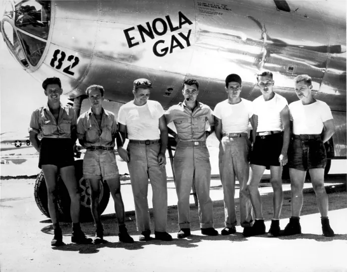 Framed Print : Enola Gay. The ground crew of the B-29 'Enola Gay' which atom-bombed Hiroshima, Japan. Col. Paul W. Tibbets, the pilot is the center. Marianas Islands. 1945 Framed Print : Enola Gay. The ground crew of the B-29 'Enola Gay' which atom-bombed Hiroshima, Japan. Col. Paul W. Tibbets, the pilot is the center. Marianas Islands. 1945