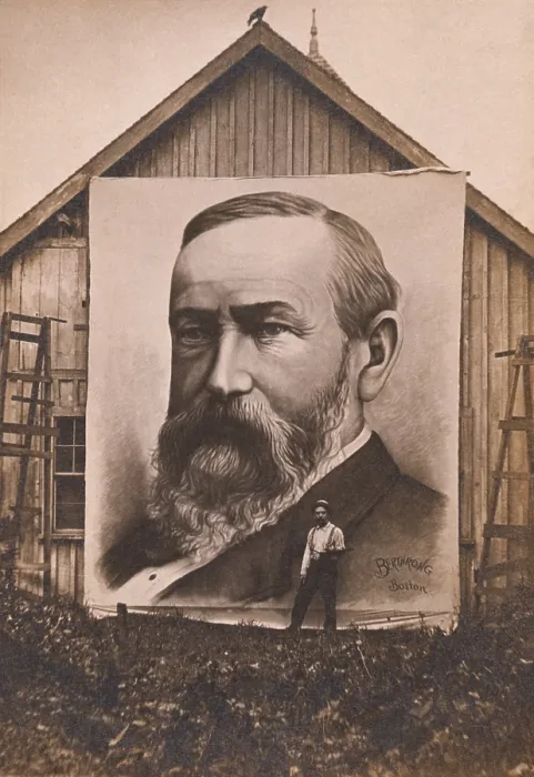 Framed Print : Enormous painting of President Benjamin Harrison displayed on the side of a barn, c. 1890