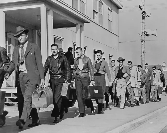 Framed Print : Enrollees from across the country arriving at the United States Maritime Service training station at Sheepshead Bay New York