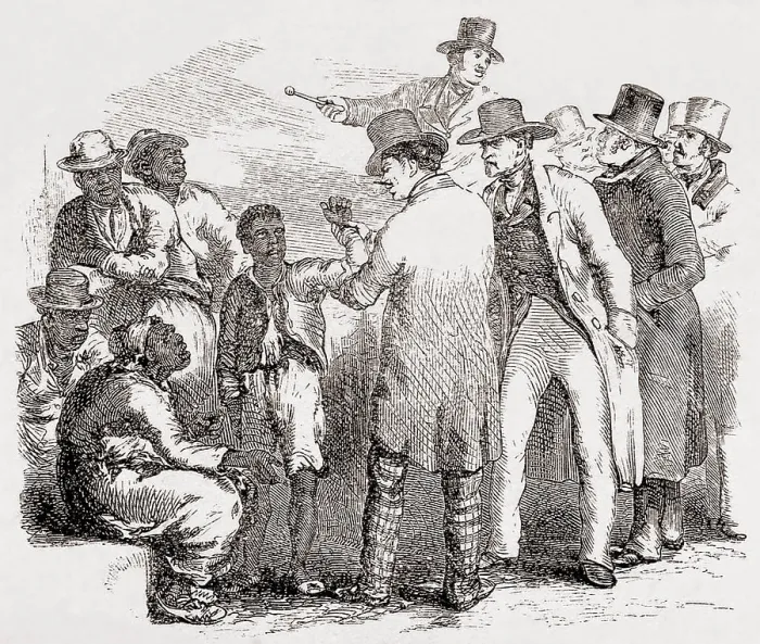 Framed Print : Enslaved African American sold at an auction. 1853 illustration by Hammat Billings from UNCLE TOM'S CABIN, showing Albert being sold at auction