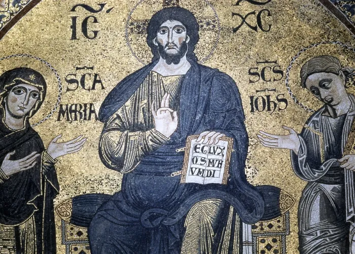 Framed Print : Enthroned Christ between the Virgin and St. John the Evangelist, 1207, 13th Century, mosaic - Italy, Umbria, Spoleto, Cathedral. Detail