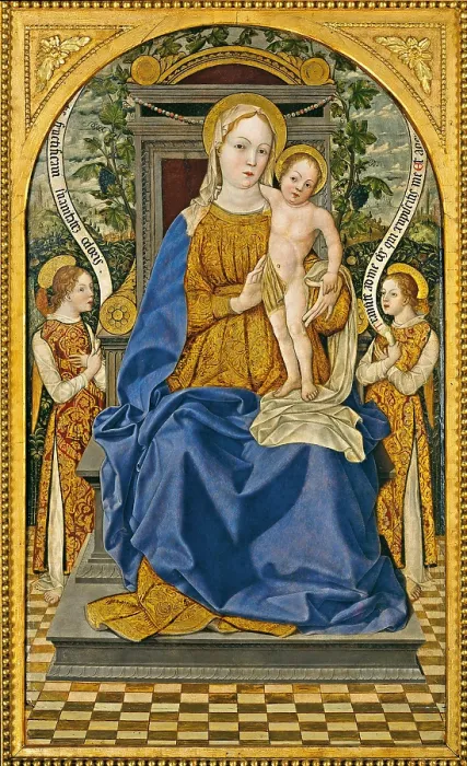 Framed Print : Enthroned Madonna with Child and Two Angels, by Bonifacio Bembo, 1464 - 1467, 15th Century, tempera on board, 131 x 80 cm - Italy, Lombardy, Cremona, Civic Museum Ala Ponzone Framed Print : Enthroned Madonna with Child and Two Angels, by Bonifacio Bembo, 1464 - 1467, 15th Century, tempera on board, 131 x 80 cm - Italy, Lombardy, Cremona, Civic Museum Ala Ponzone