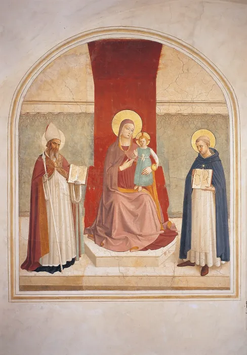 Framed Print : Enthroned Madonna and Child with Saints, by Guido di Pietro (Piero) known as Beato Angelico, 1438 - 1446 about, 15th Century, curved fresco, cm 195 x 155 - Italy, Tuscany Framed Print : Enthroned Madonna and Child with Saints, by Guido di Pietro (Piero) known as Beato Angelico, 1438 - 1446 about, 15th Century, curved fresco, cm 195 x 155 - Italy, Tuscany