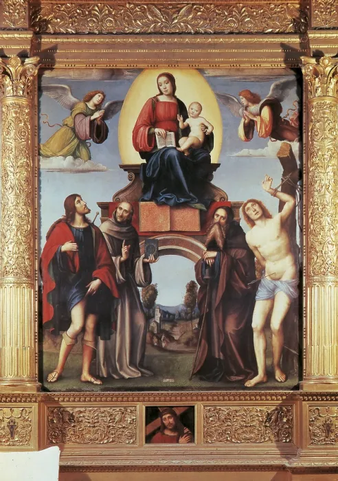Framed Print : Enthroned Madonna and Child with Saints, by Giacomo Francia, 1500 - 1530 about, 16th Century, - Italy, Emilia Romagna, Bologna, San Martino church