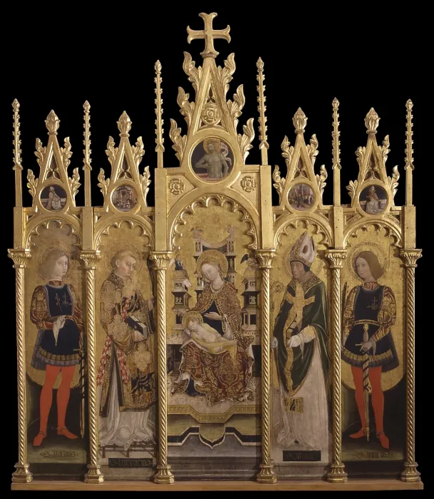 Framed Print : Enthroned Madonna with Child and Saints Amelio, Lorenzo, Albino and Amico, by Caylina Paolo also called Paolo da Brescia, 1458, 15th Century, tempera on board - Italy, Piedmont
