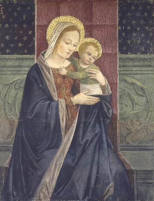 Framed Print : Enthroned Madonna with Child, by Unknown Artist, 15th Century, fresco - Italy, Lombardy, Lodi, Sanctuary of the Encrowned. Whole artwork view