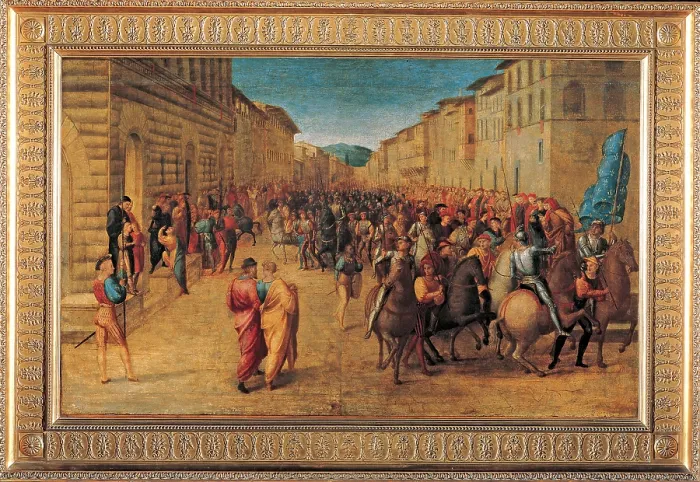 Framed Print : Entrance of Charles VIII, Palazzo Medici, Florence, by Francesco Granacci, 1518 about, 16th Century, tempera on panel, cm 72 x 122 - Italy, Tuscany, Florence, Uffizi Gallery