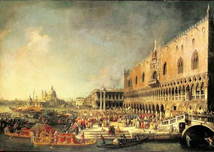 Framed Print : Entrance to the Ducal Palace of Count Gergy, ambassandor of France, by Antonio Giovanni Canal also known as Canaletto, 1726 - 1730, 18th Century, oil on canvas