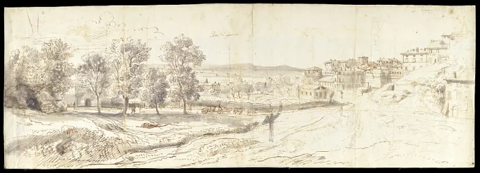 Framed Print : Entrance to Frascati, by Gaspar Van Wittel also known as Gaspare Vanvitelli, 1685, - Italy, Lazio, Rome, Central National Library. Whole artwork view. View of Rome