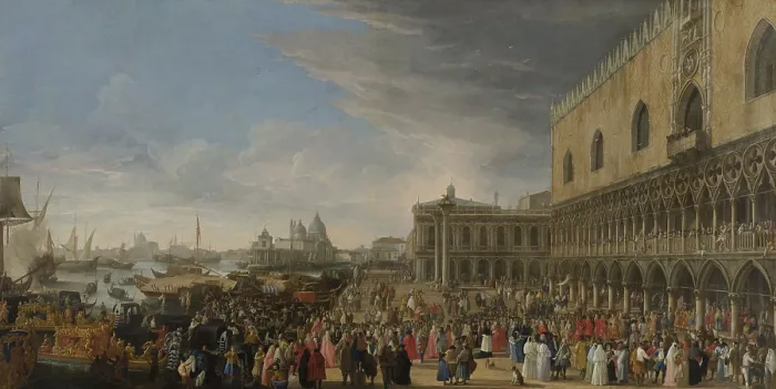 Framed Print : Entry of the French Ambassador in Venice in 1706, by Luca Carlevarijs, 1706-08, Italian oil painting, oil on canvas