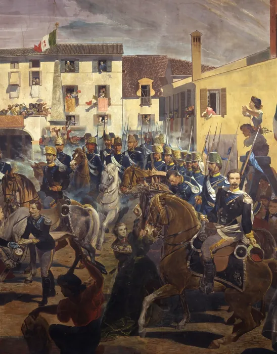 Framed Print : Entry of Italian troops in Piove di Sacco, by Alessio Valerio, 1867 - 1869, 19th Century, oil on canvas - Italy, Veneto, Piove di Sacco, Municipal Hall. Detail