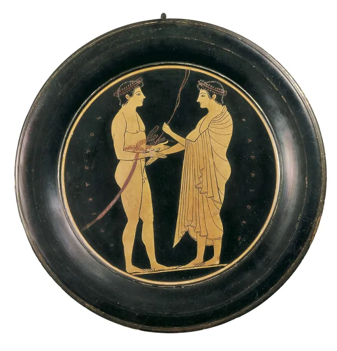 Framed Print : EPICTETUS (6th century BC). Plate depicting the delivery of the palm. 6th c. BC. Work in the style transition between black-figures to red-figures on black backgroung. Ceramics Framed Print : EPICTETUS (6th century BC). Plate depicting the delivery of the palm. 6th c. BC. Work in the style transition between black-figures to red-figures on black backgroung. Ceramics