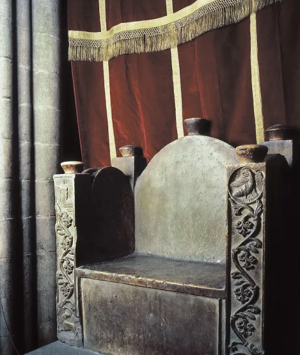 Framed Print : Episcopal Chaire, called Charlemagne's Chaire. Executed with only one alabaster block. Romanesque art. Furniture. SPAIN. Gerona. Cathedral's Treasure-Capitular Museum