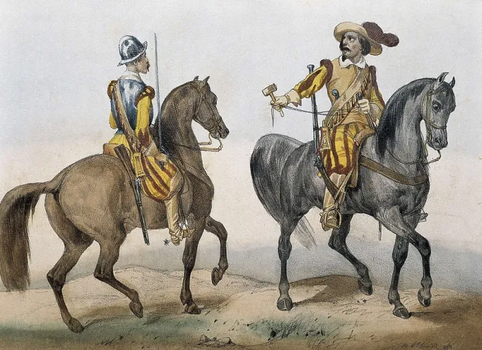 Framed Print : Equestrian arcabussier and man-at-arms (1621-1700). Image from 'Historia orgnica de las armas de la Infantera y Caballera' by Teniente General Conde de Clonard Framed Print : Equestrian arcabussier and man-at-arms (1621-1700). Image from 'Historia orgnica de las armas de la Infantera y Caballera' by Teniente General Conde de Clonard