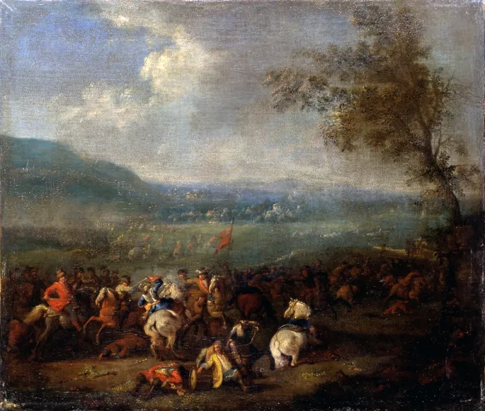 Framed Print : Equestrian Battle, by Jan Frans Van Bredael, 1716, 18th Century, oil on canvas, 31 x 37 cm - Italy, Lombardy, Milan, Castello Sforzesco, Civic Collection of Ancient Art